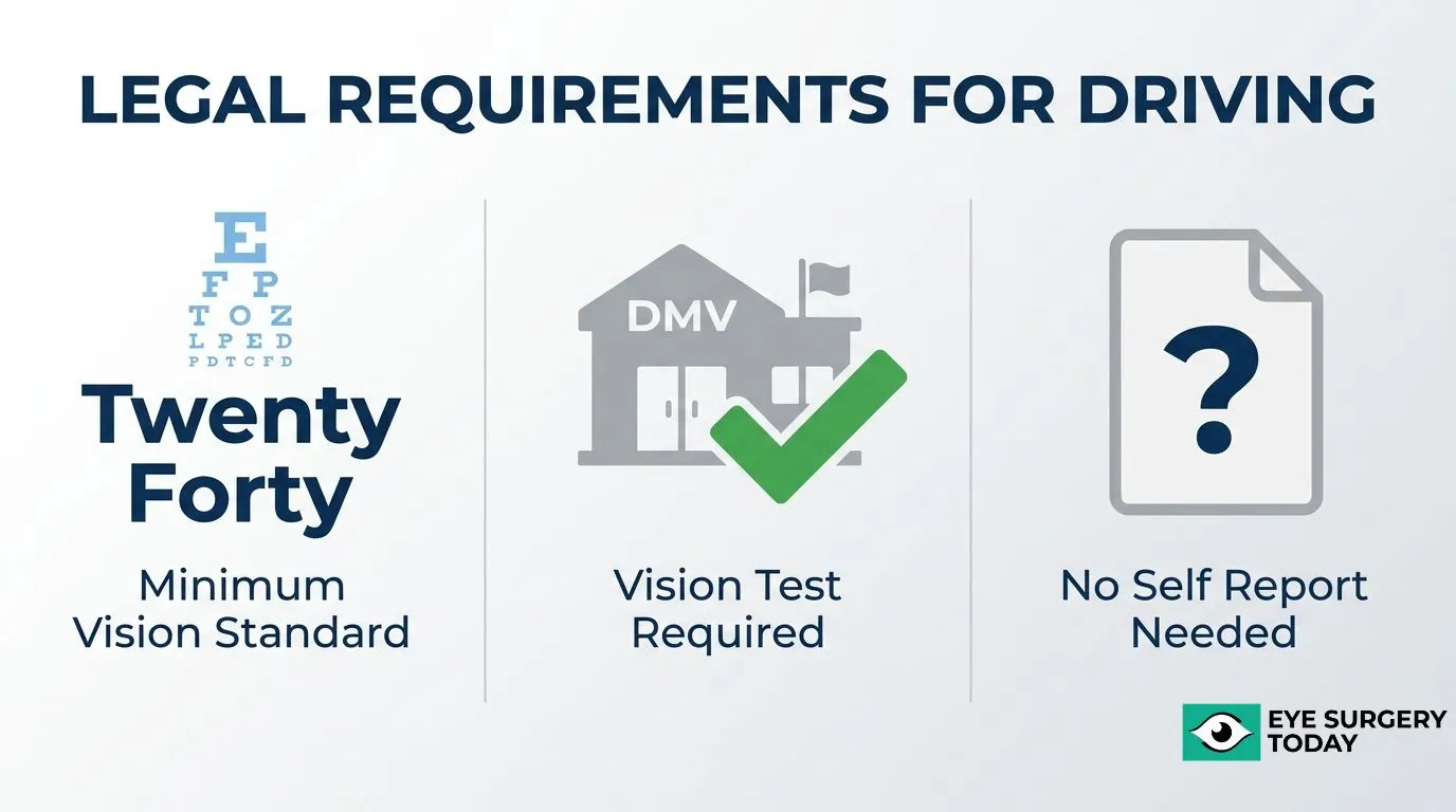 Driving vision requirements infographic showing a 20/40 minimum vision standard, DMV vision testing, and reporting requirements.