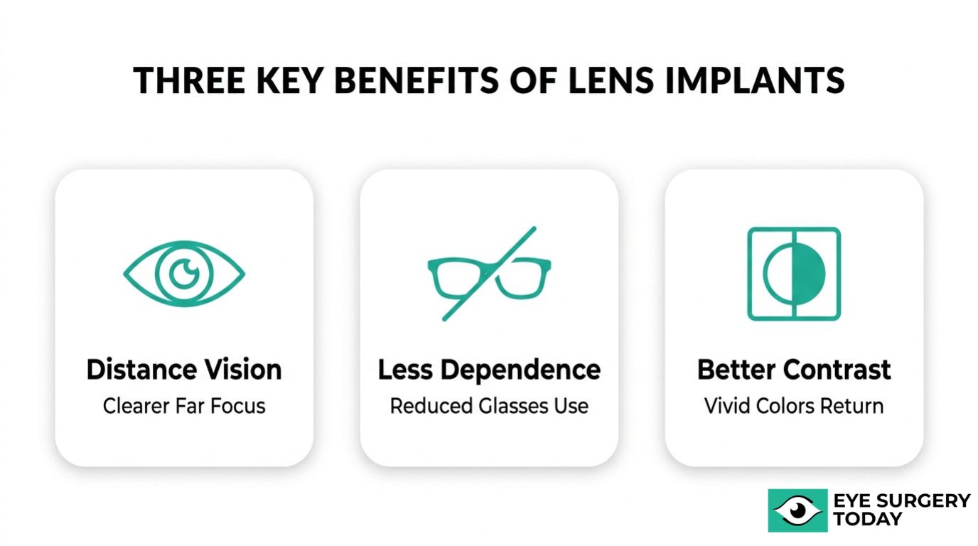 Three key benefits of lens implants graphic showing clearer distance vision, less glasses dependence, and better contrast.