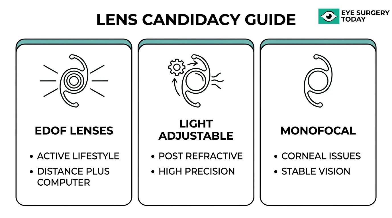 Lens candidacy guide comparing EDOF, light adjustable, and monofocal intraocular lenses based on lifestyle, refractive history, corneal health, and visual needs.