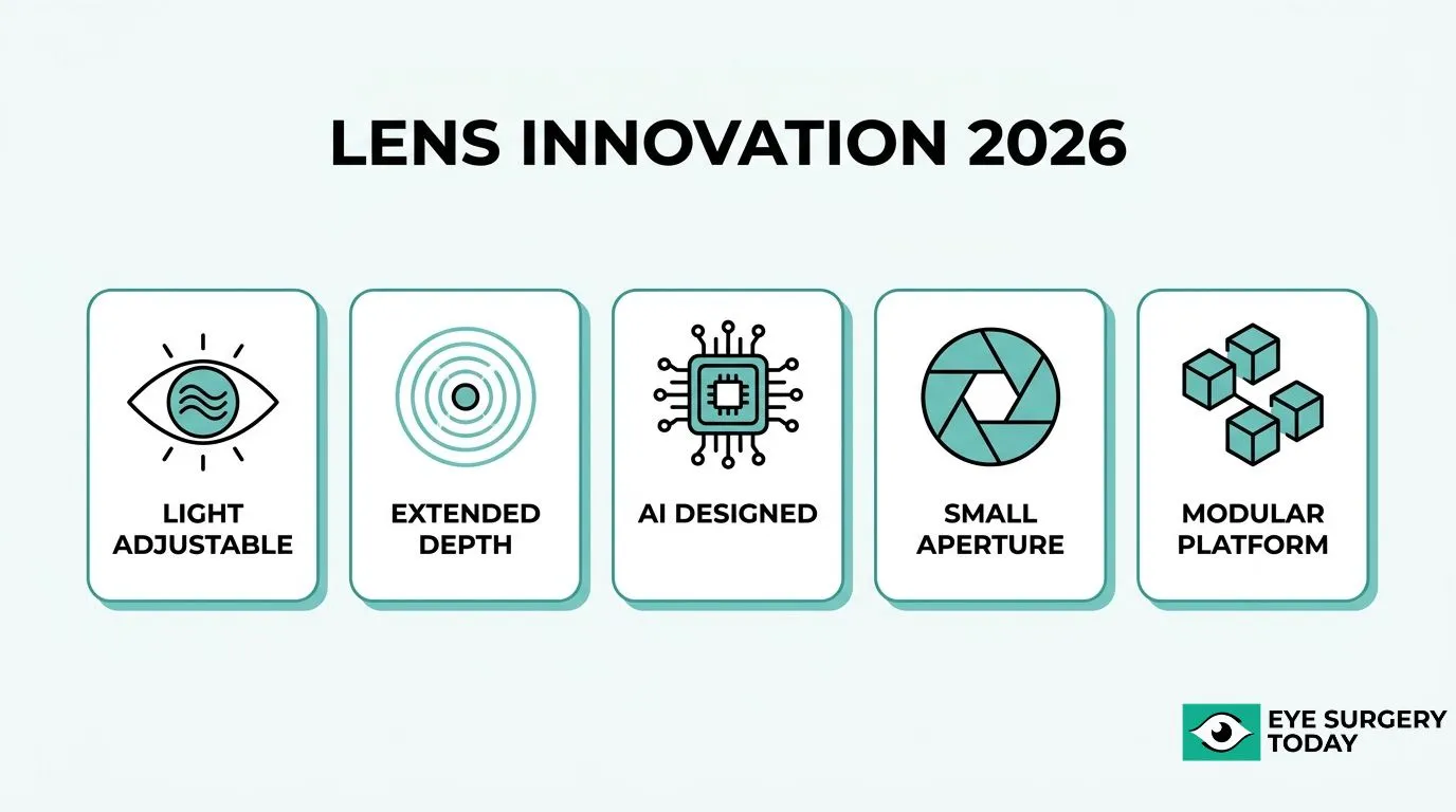 2026 lens innovations including light adjustable, extended depth, AI-designed, small-aperture, and modular intraocular lens technologies.