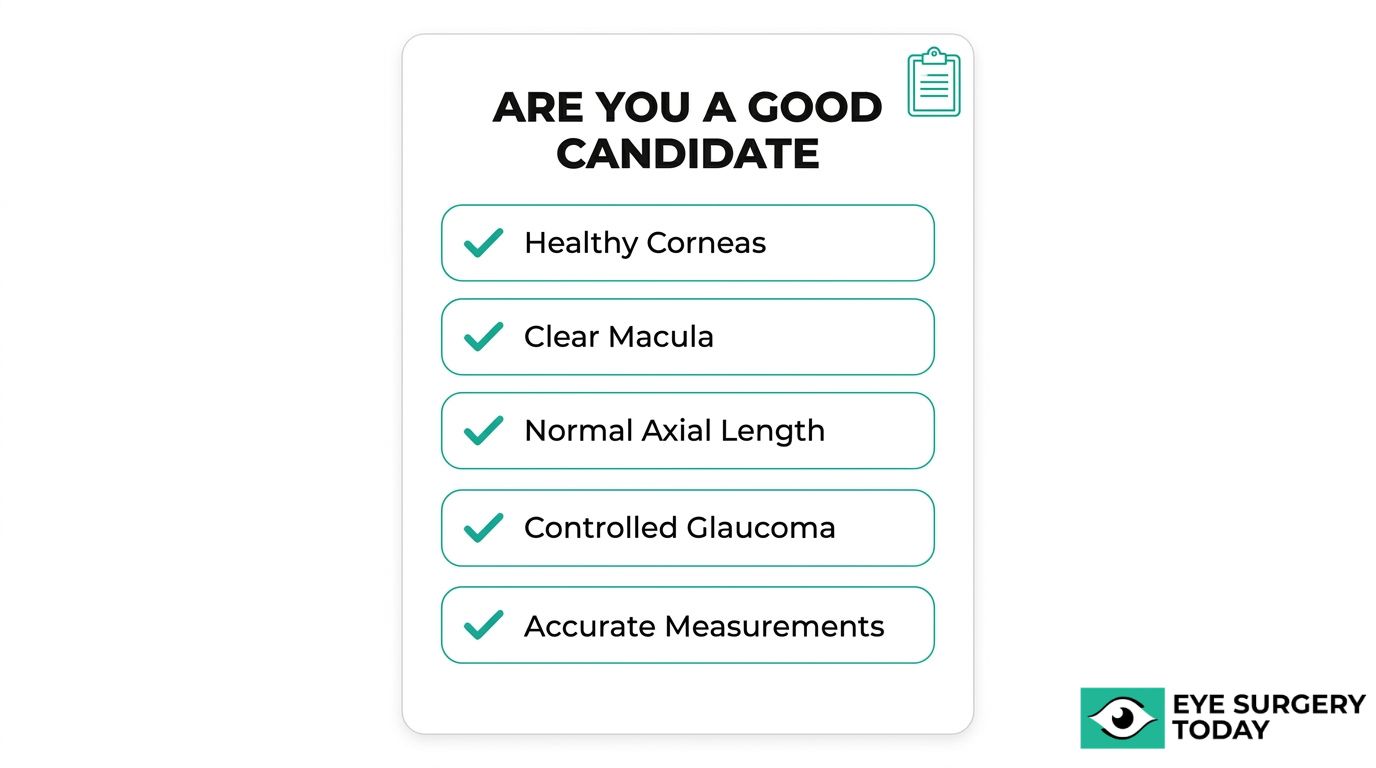Lens implant candidate checklist showing healthy corneas, clear macula, normal axial length, controlled glaucoma, and accurate measurements.