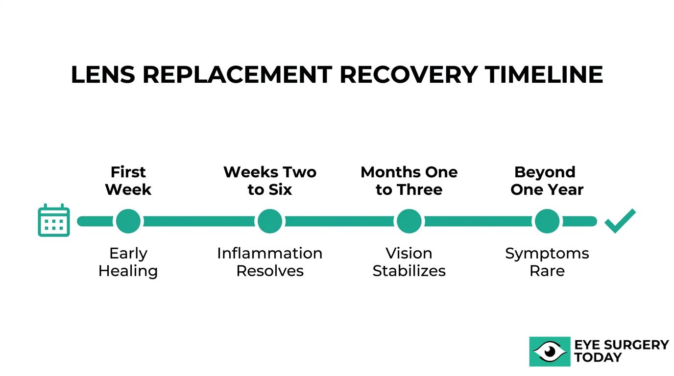 Lens replacement recovery timeline showing early healing, inflammation resolution, vision stabilization, and rare long term symptoms.