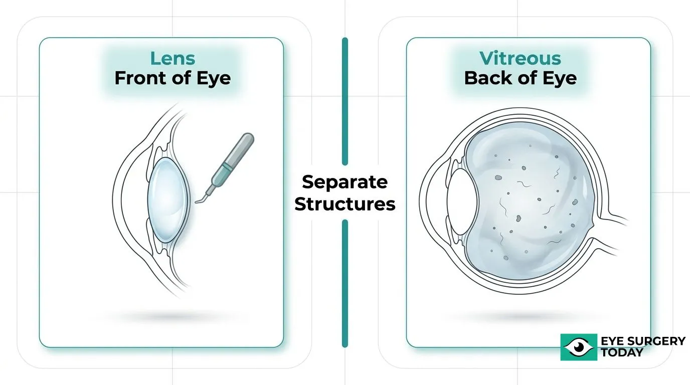 Eye anatomy diagram comparing the lens at the front of the eye with the vitreous gel at the back of the eye.