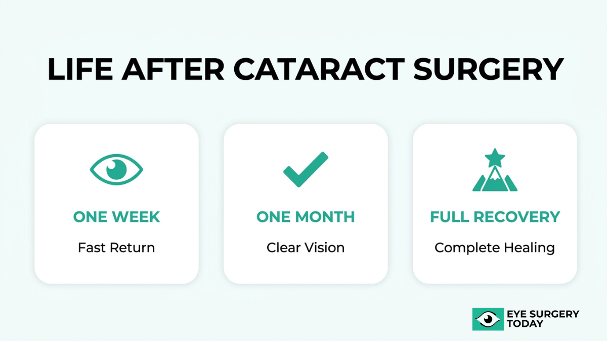 Life after cataract surgery showing vision improvement timeline from one week recovery to one month clarity and full healing