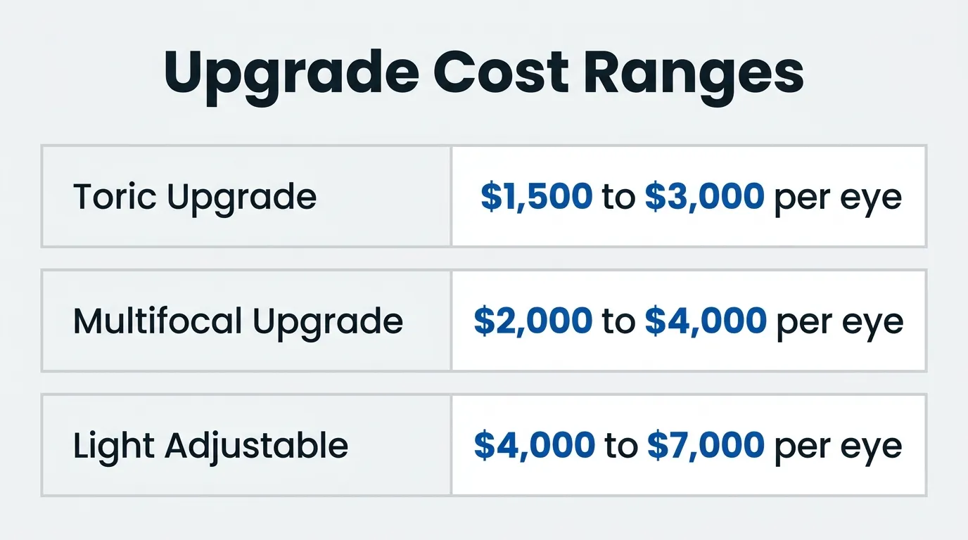 Comparison of lifestyle lens upgrade costs per eye, including toric, multifocal, and light adjustable lens options.