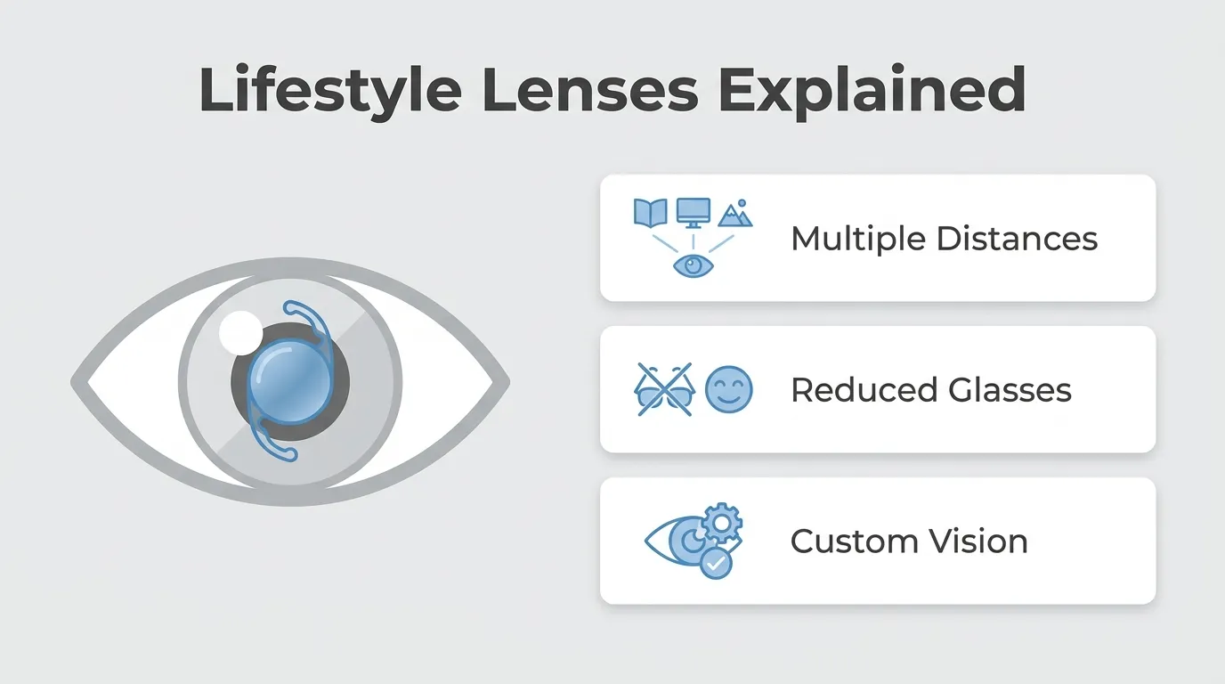 Lifestyle lenses for cataract surgery designed to provide vision at multiple distances, reduce dependence on glasses, and customize visual outcomes.