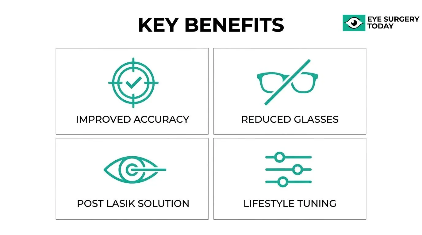 Key benefits of light adjustable lenses including improved accuracy, reduced glasses dependence, post LASIK vision correction, and lifestyle customization