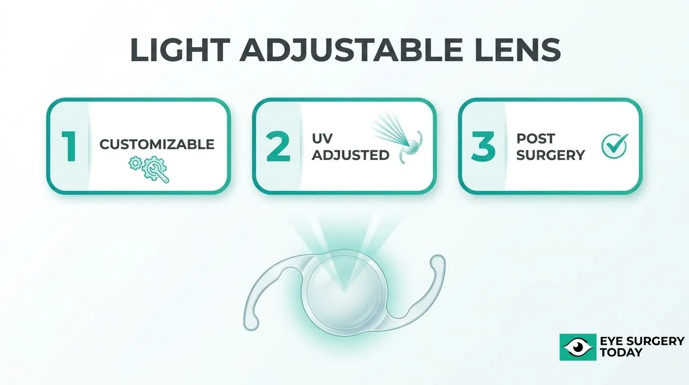 Illustration explaining light adjustable lenses used after cataract surgery with customizable UV-based lens adjustments