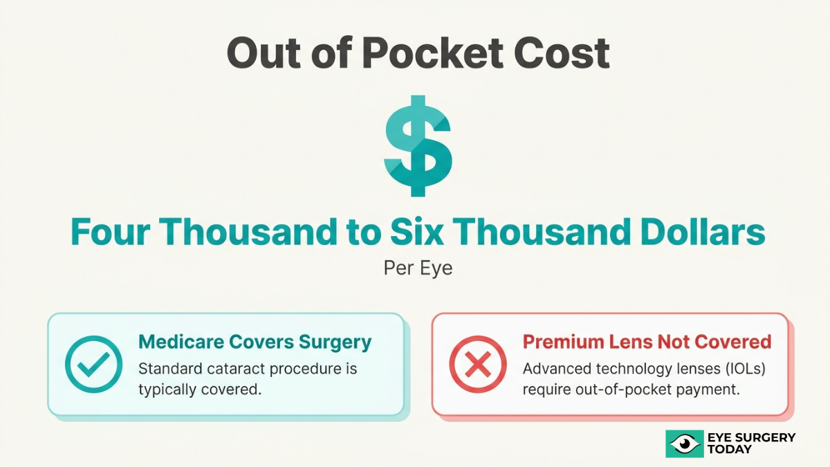 Out-of-pocket cost for cataract surgery premium lenses ranging from four thousand to six thousand dollars per eye with Medicare covering standard surgery only