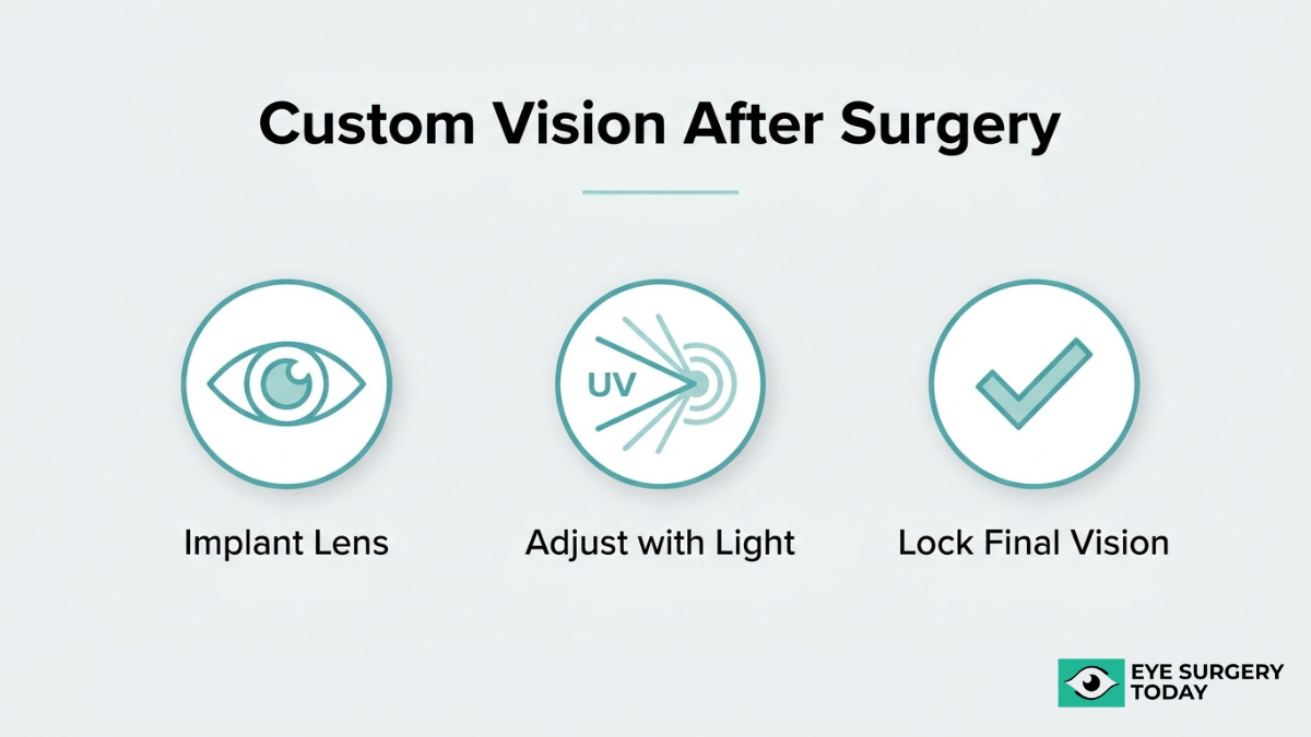 Custom vision process after cataract surgery using light adjustable lens with implantation, light adjustments, and final vision lock-in