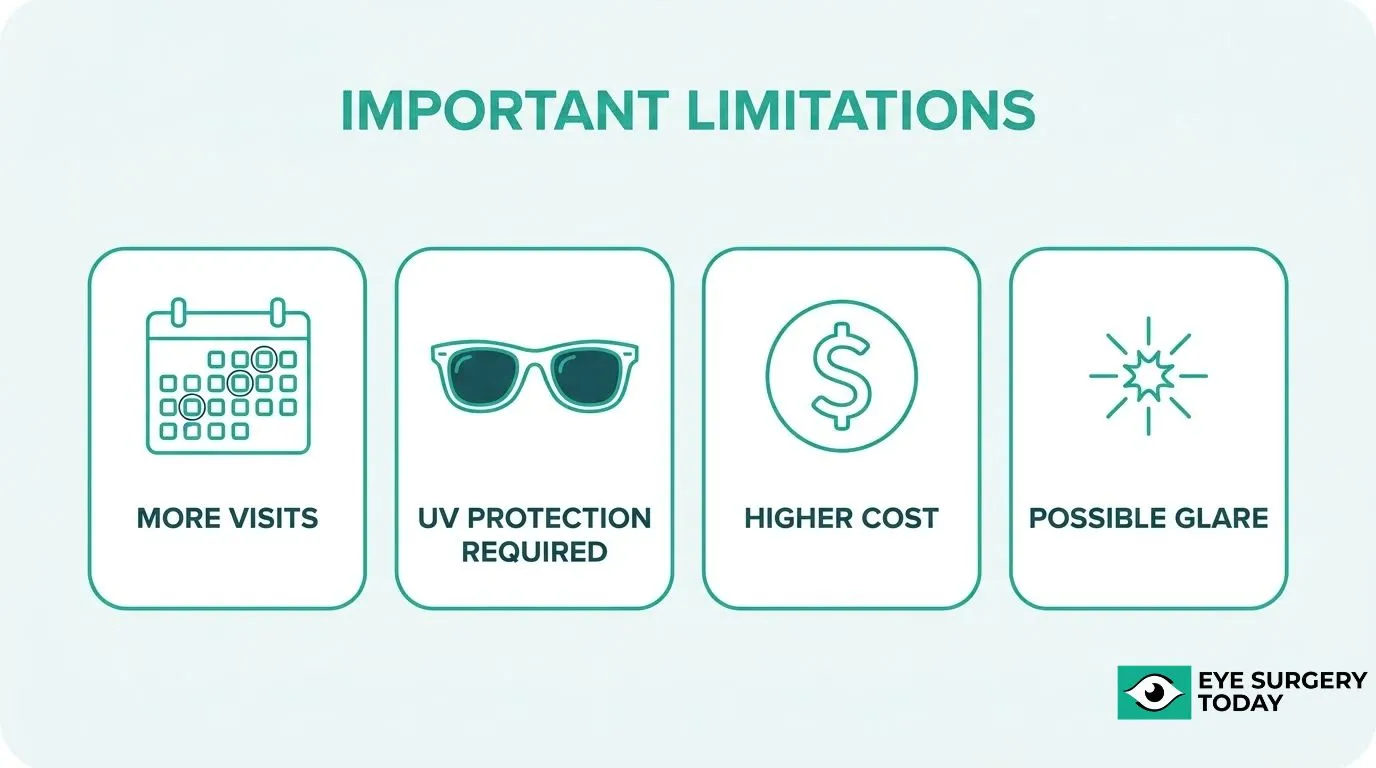 Light adjustable lens limitations including need for additional visits, UV protection requirements, higher cost, and possible glare