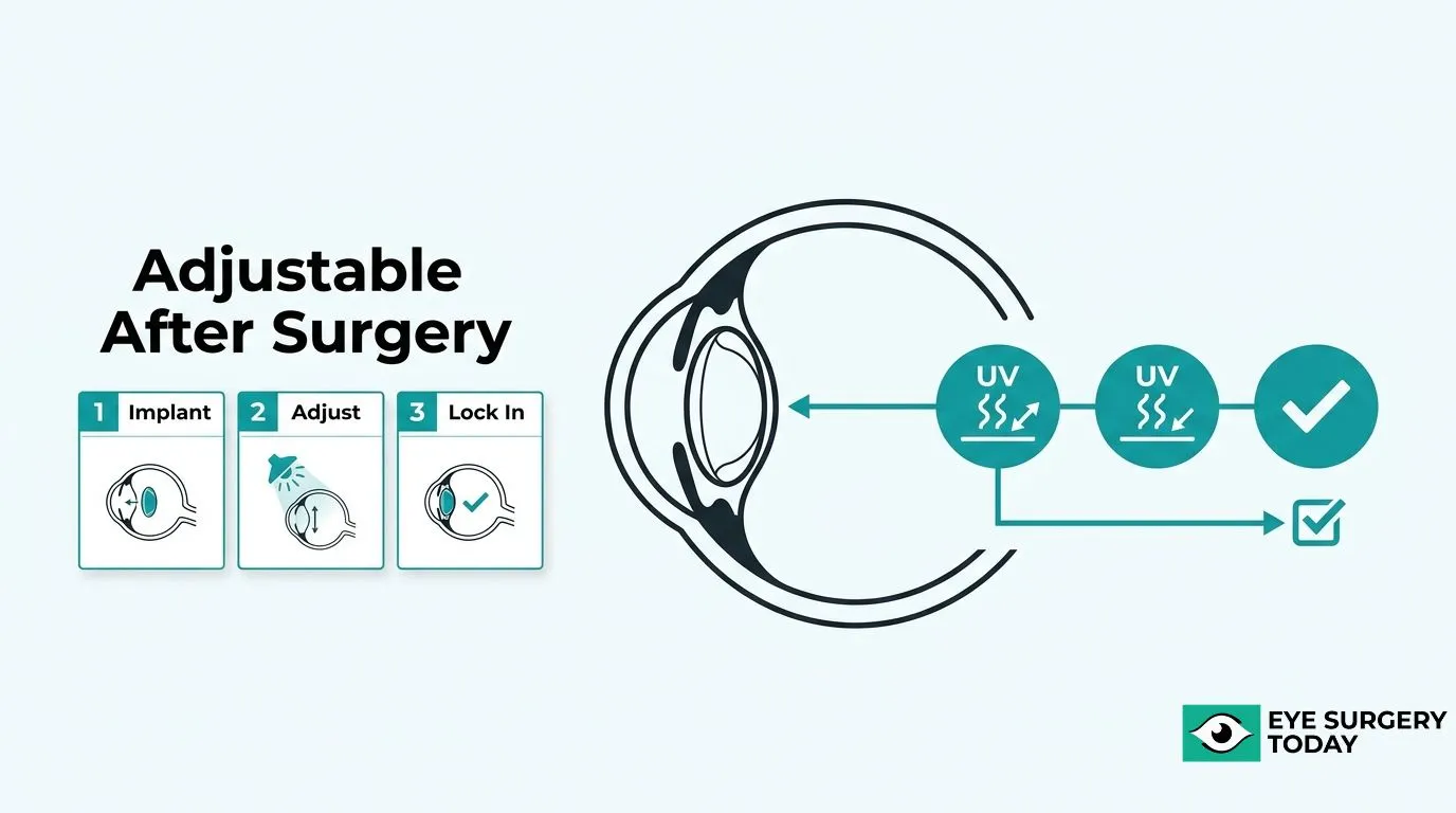Light Adjustable Lens process showing lens implantation, postoperative UV light adjustments, and final lock-in of the customized lens power.