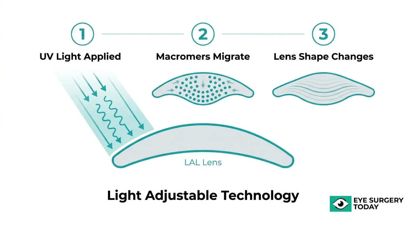 Diagram explaining light adjustable lens technology with UV light application, macromer migration, and lens shape changes