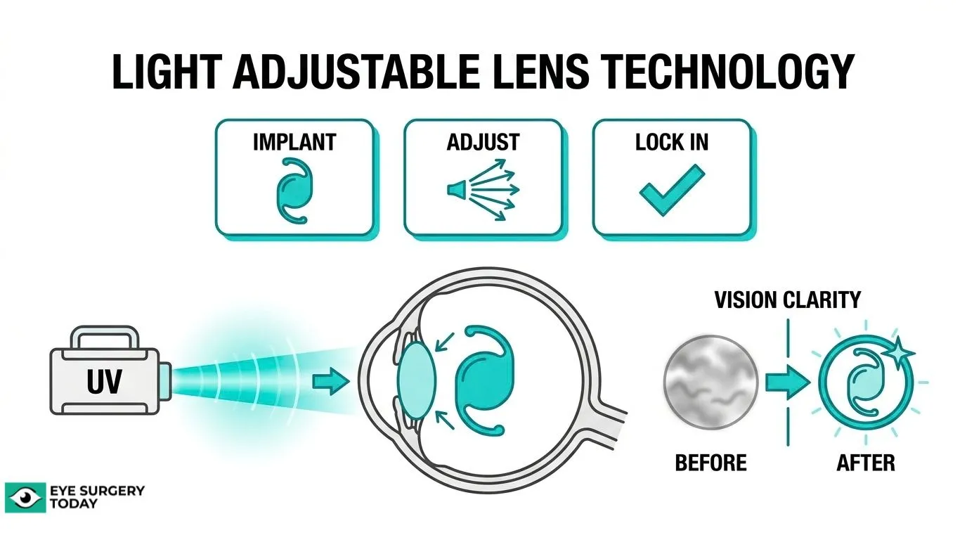 Light adjustable lens technology overview showing lens implantation, UV-based adjustment, lock-in, and changes in vision clarity