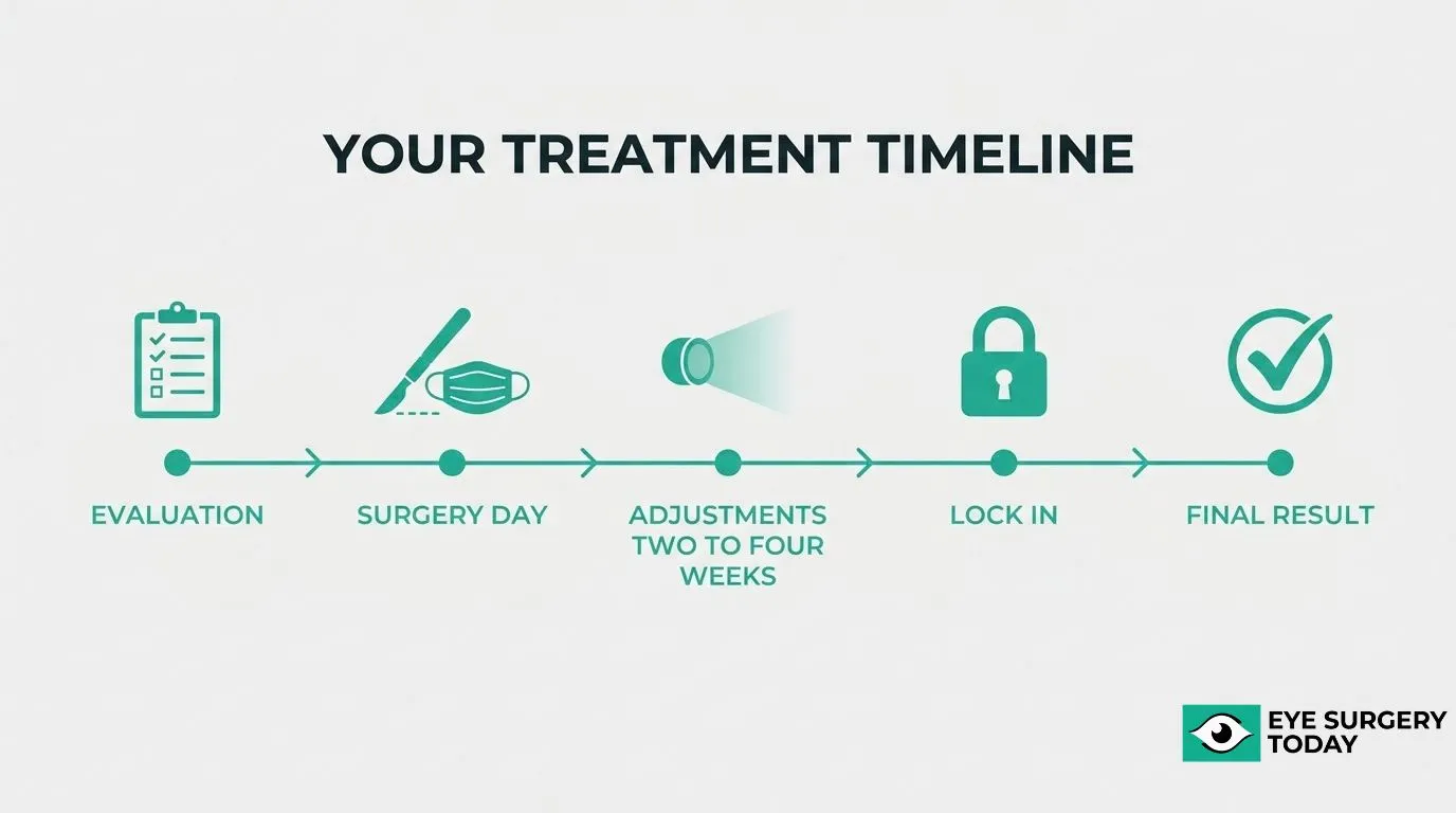 Treatment timeline for light adjustable lens surgery showing evaluation, surgery day, lens adjustments, lock-in process, and final results