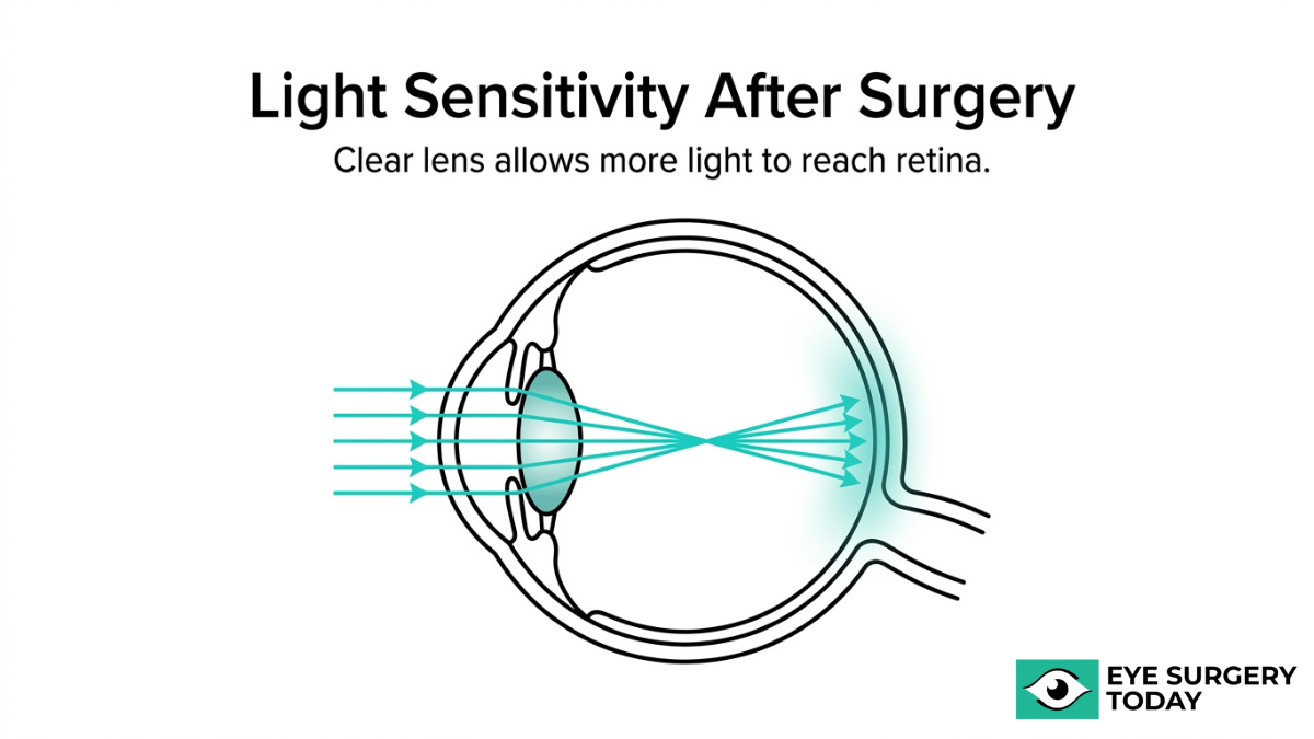 Diagram showing how a clear intraocular lens allows more light to reach the retina after cataract surgery