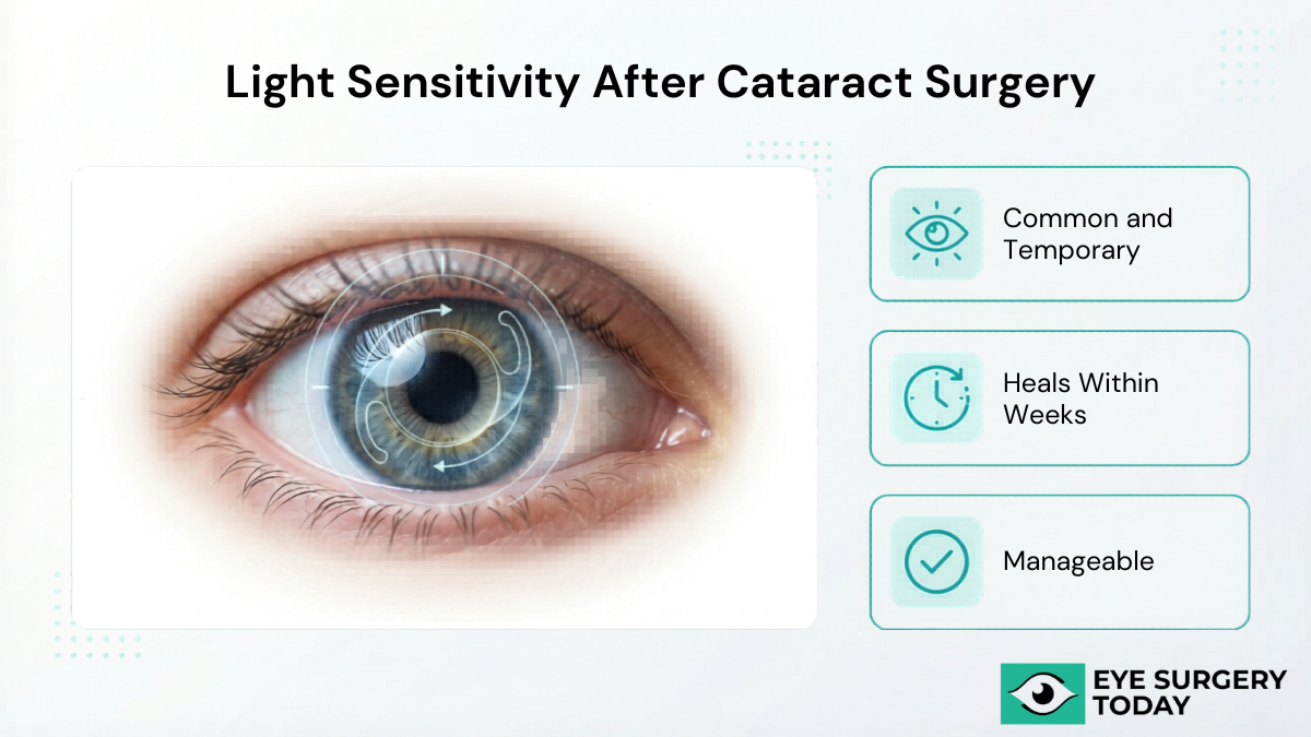 Close-up eye illustration showing light sensitivity after cataract surgery with key points that it is common, temporary, and manageable.