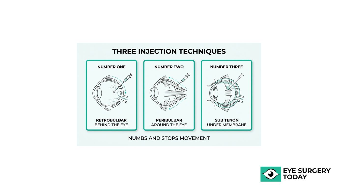 Infographic showing three eye injection anesthesia techniques, including retrobulbar, peribulbar, and sub-Tenon injections.