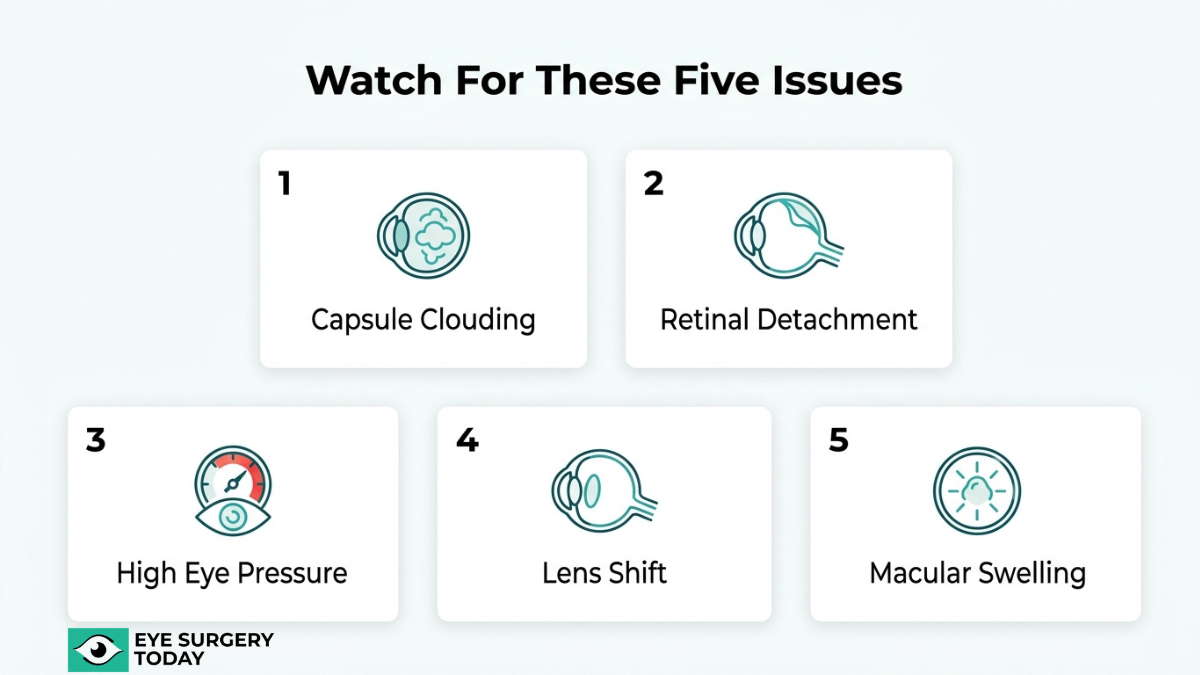 Common complications after cataract surgery including capsule clouding, retinal detachment, and eye pressure issues