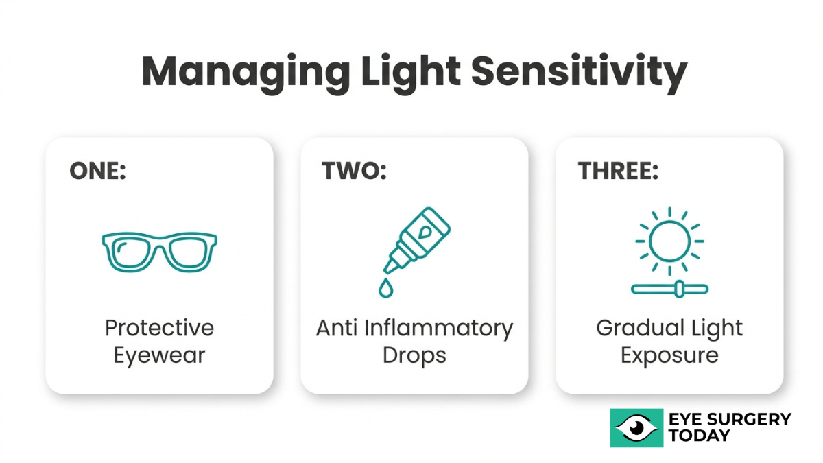 Tips to manage light sensitivity after cataract surgery including protective eyewear, eye drops, and gradual light exposure