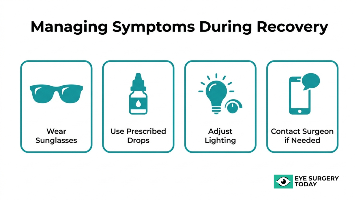 Tips to manage light sensitivity after cataract surgery such as wearing sunglasses, using prescribed eye drops, adjusting lighting, and contacting a surgeon