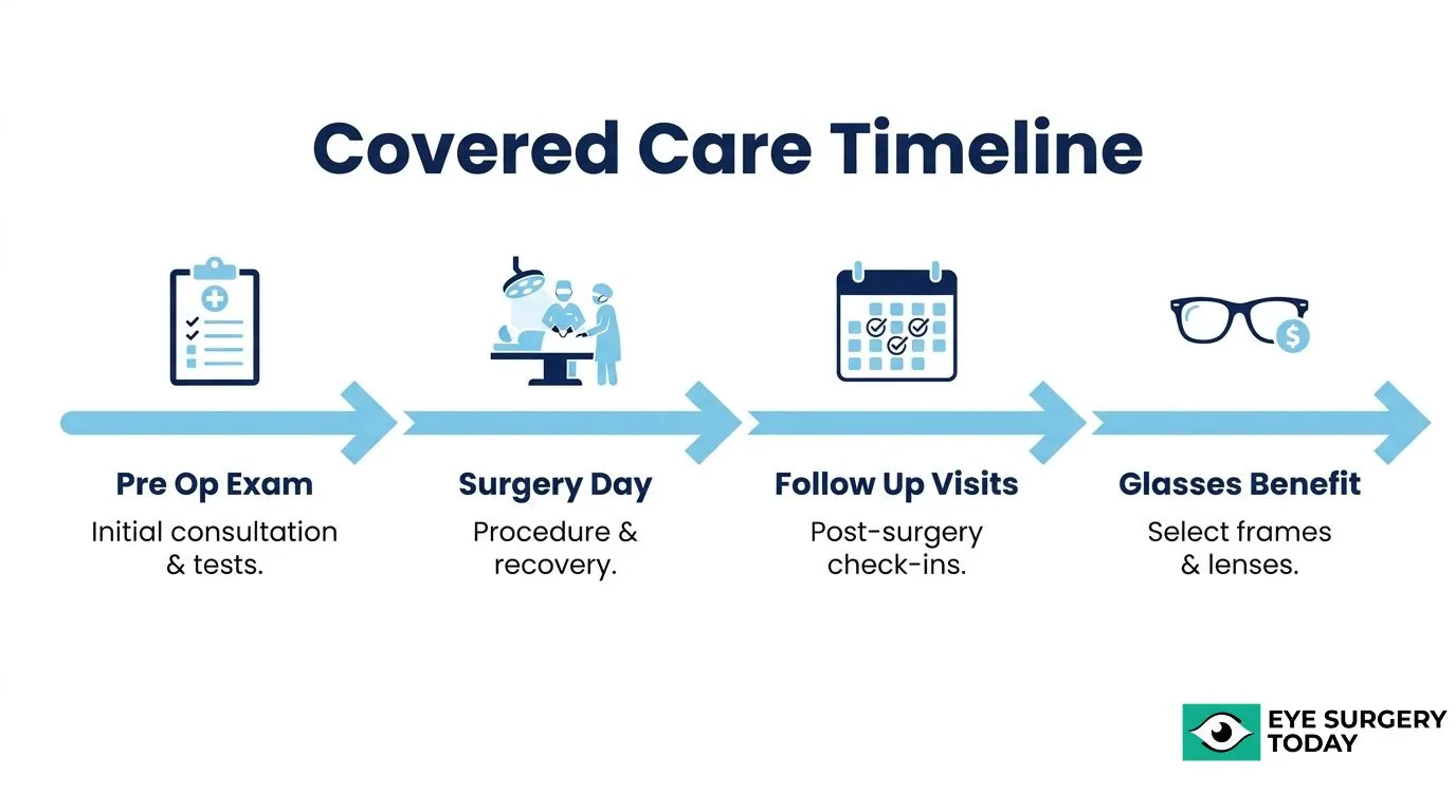 Medicare cataract surgery care timeline showing the preoperative exam, surgery day, follow-up visits, and post-surgery glasses benefit.