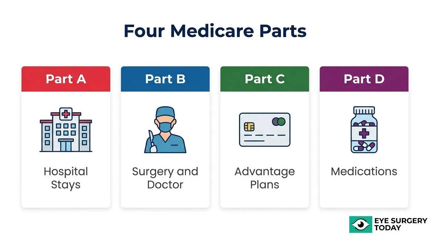 Overview of the four Medicare parts: Part A for hospital stays, Part B for surgery and doctors, Part C for Medicare Advantage plans, and Part D for medications.