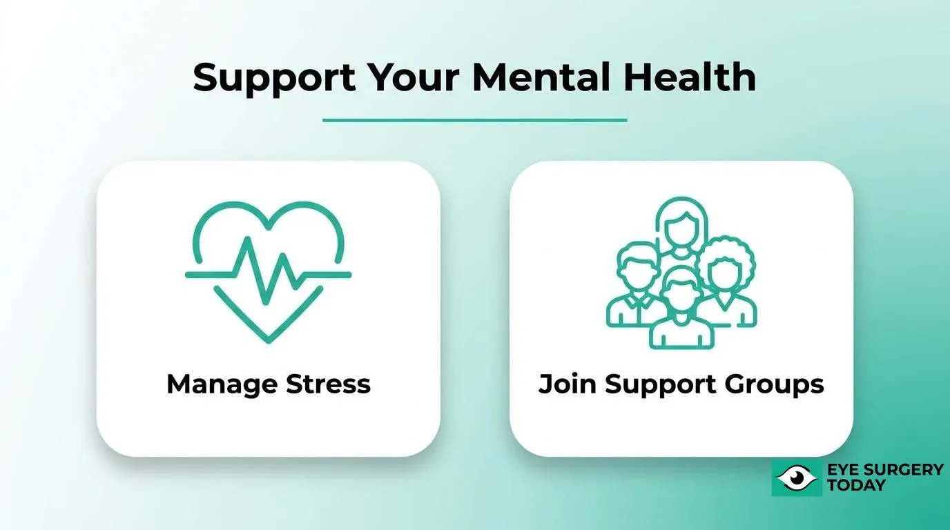 Mental health support for people living with glaucoma, including stress management and joining support groups.