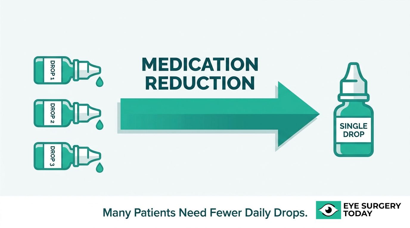 MIGS medication reduction graphic showing multiple glaucoma eye drops reduced to a single daily drop.