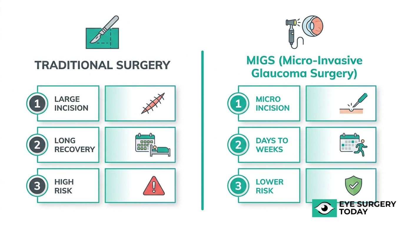 Traditional surgery and MIGS glaucoma surgery comparison showing incision size, recovery time, and risk level.