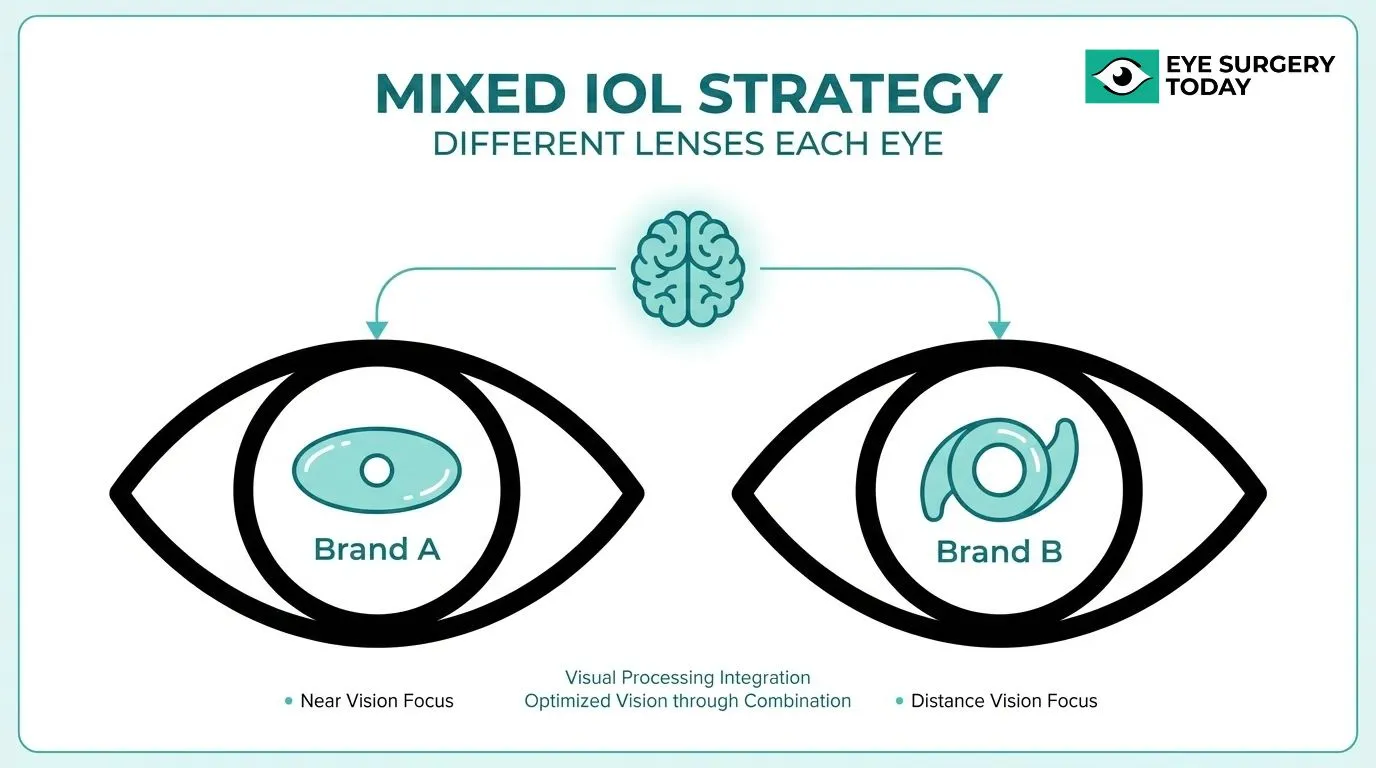 Mixed IOL strategy using different lens brands in each eye to combine near and distance vision focus