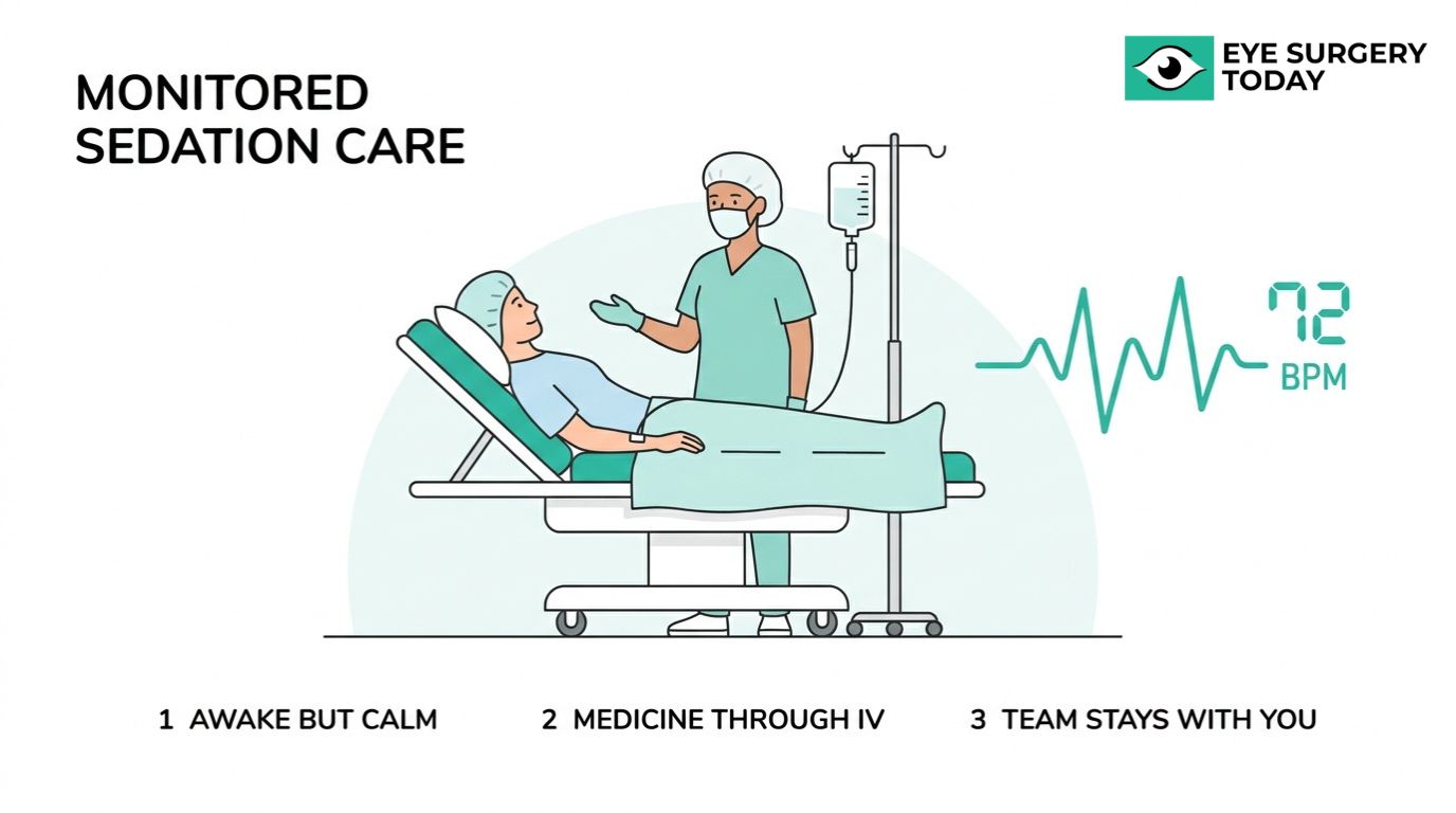 Illustration of monitored sedation care during eye surgery with a patient resting while medical staff monitors heart rate and IV medication.