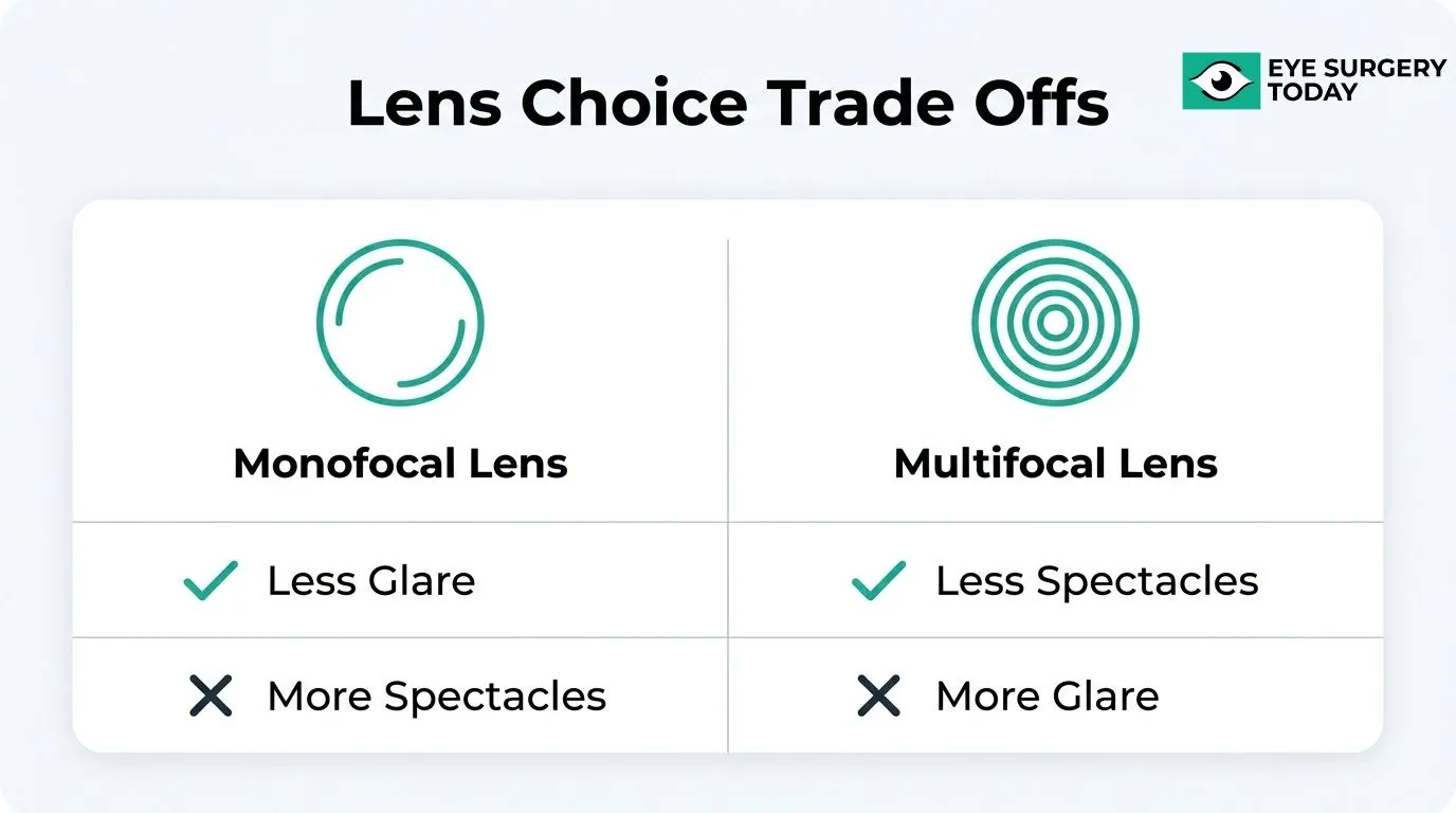 Comparison of monofocal and multifocal lens tradeoffs showing differences in glare and spectacle dependence