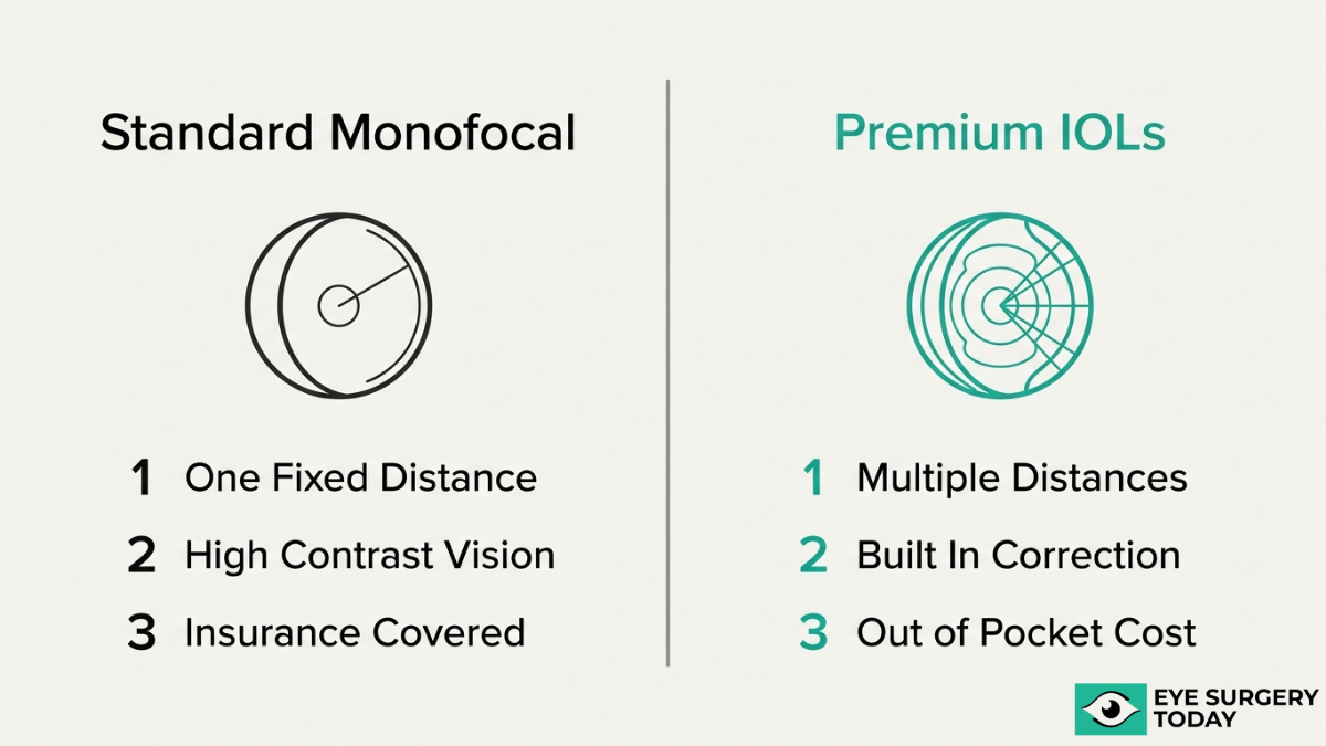 Comparison of standard monofocal vs premium intraocular lenses highlighting single distance vision vs multiple focus ranges and cost differences.