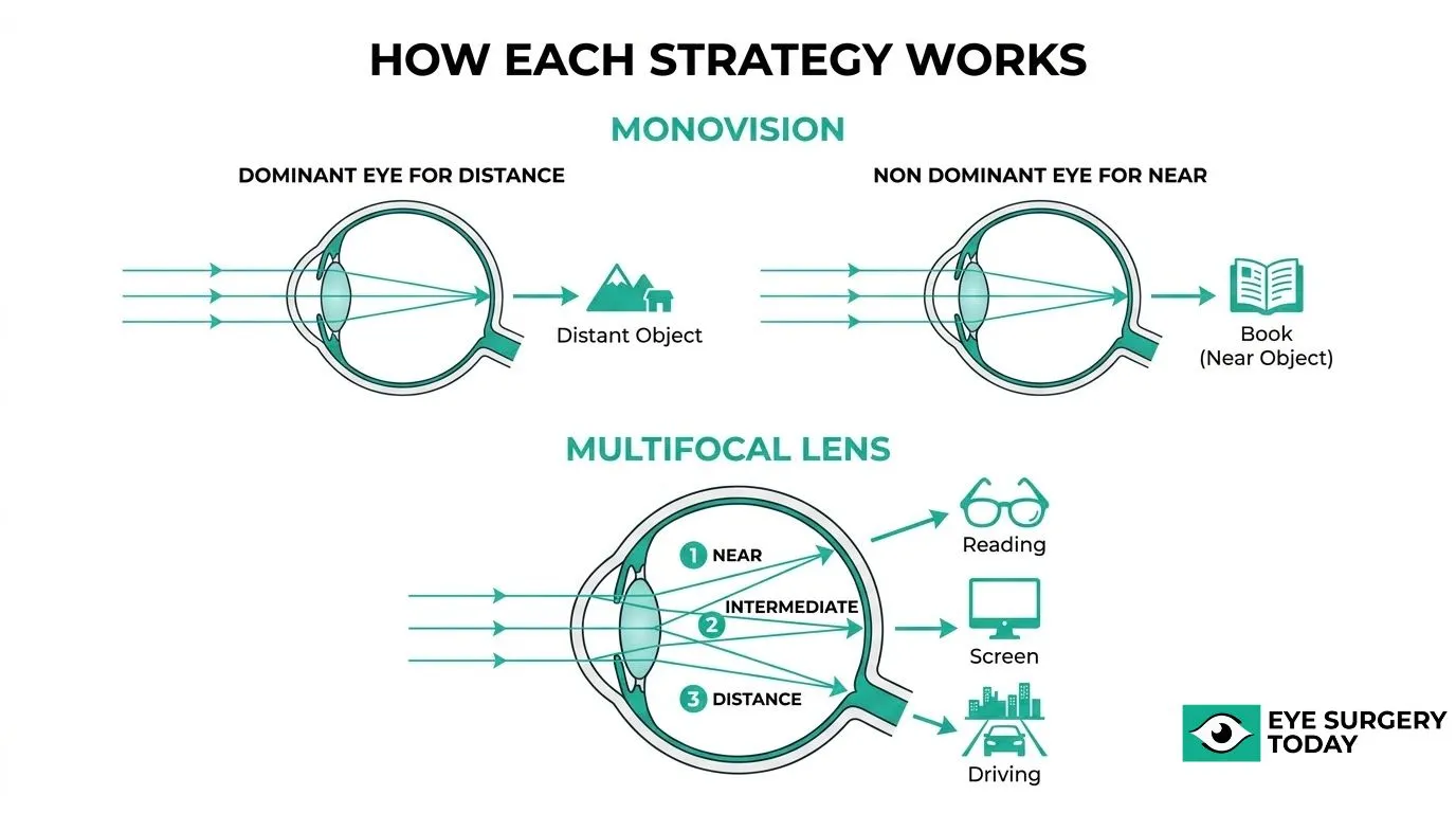Diagram comparing how monovision and multifocal lenses provide distance, near, and intermediate vision
