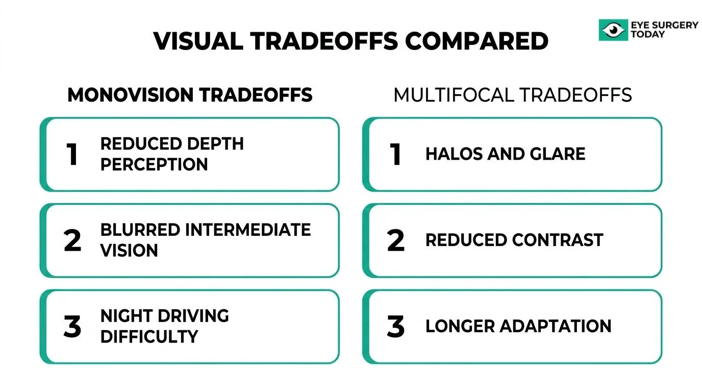 Comparison chart showing visual tradeoffs associated with monovision and multifocal lenses