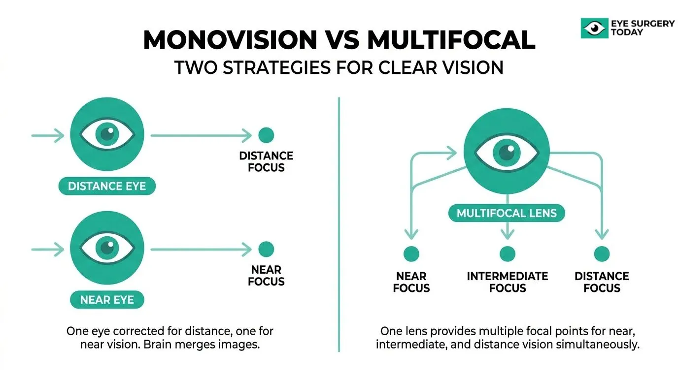 Monovision versus multifocal lenses comparison showing separate distance and near focus versus multiple focal points