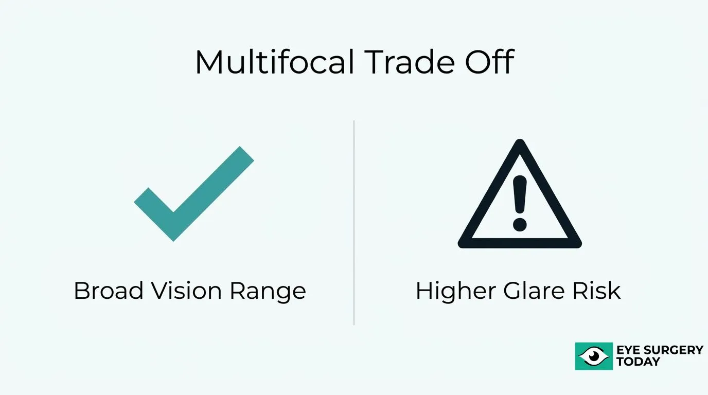 Multifocal IOL trade-off infographic showing the benefit of a broader vision range and the potential risk of glare after cataract surgery.