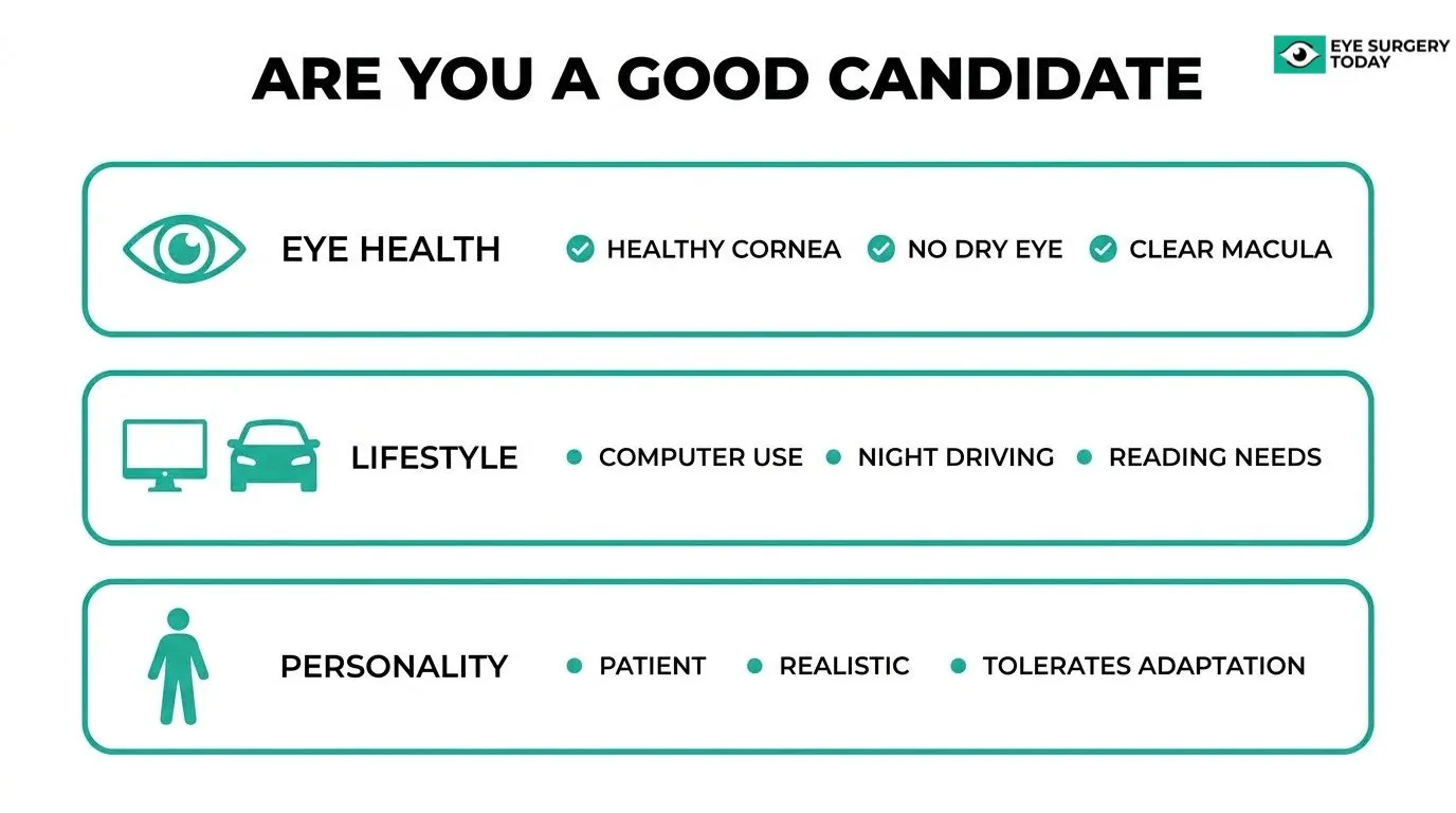 Multifocal lens candidacy framework showing eye health, lifestyle needs, and patient factors to consider before lens selection