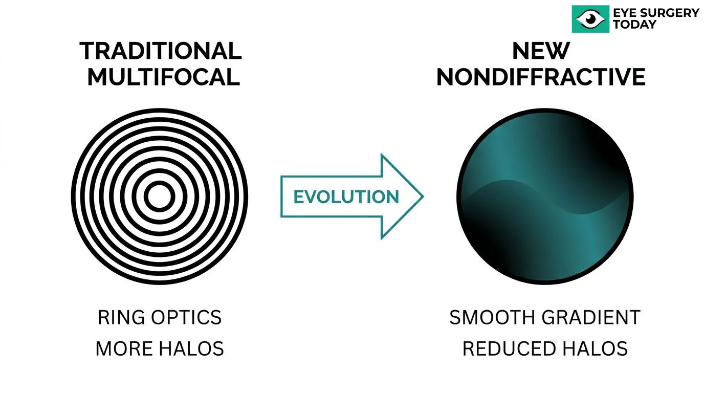 Comparison of traditional multifocal ring optics with newer nondiffractive lens designs using smooth gradients to reduce halos.