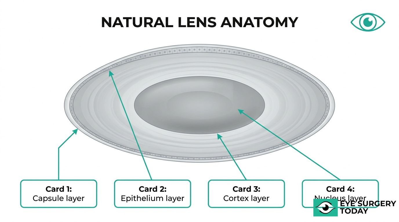Natural lens anatomy diagram showing capsule, epithelium, cortex, and nucleus layers of the eye lens.