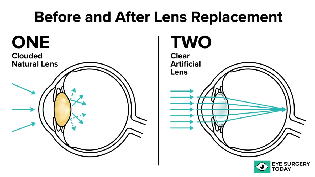Comparison of cloudy natural lens and clear artificial lens showing improved light focus after cataract surgery