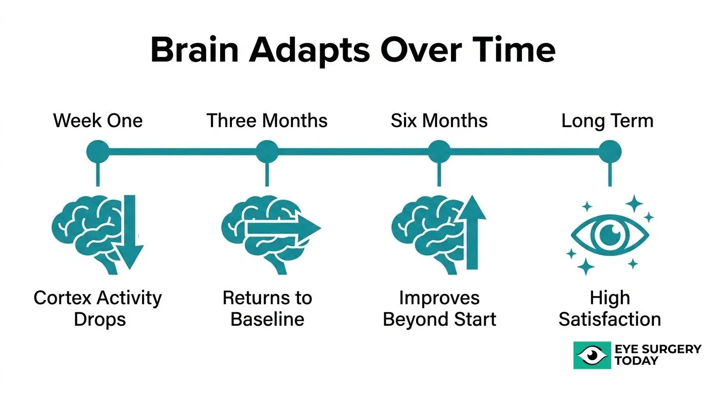 Neural adaptation timeline after mixed IOL surgery showing visual processing changes from the first week through long-term recovery