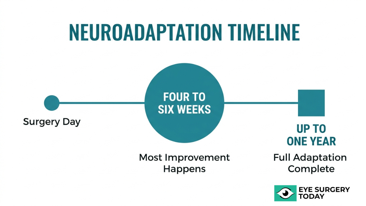 Neuroadaptation timeline after cataract surgery showing vision adjustment from surgery day to one year