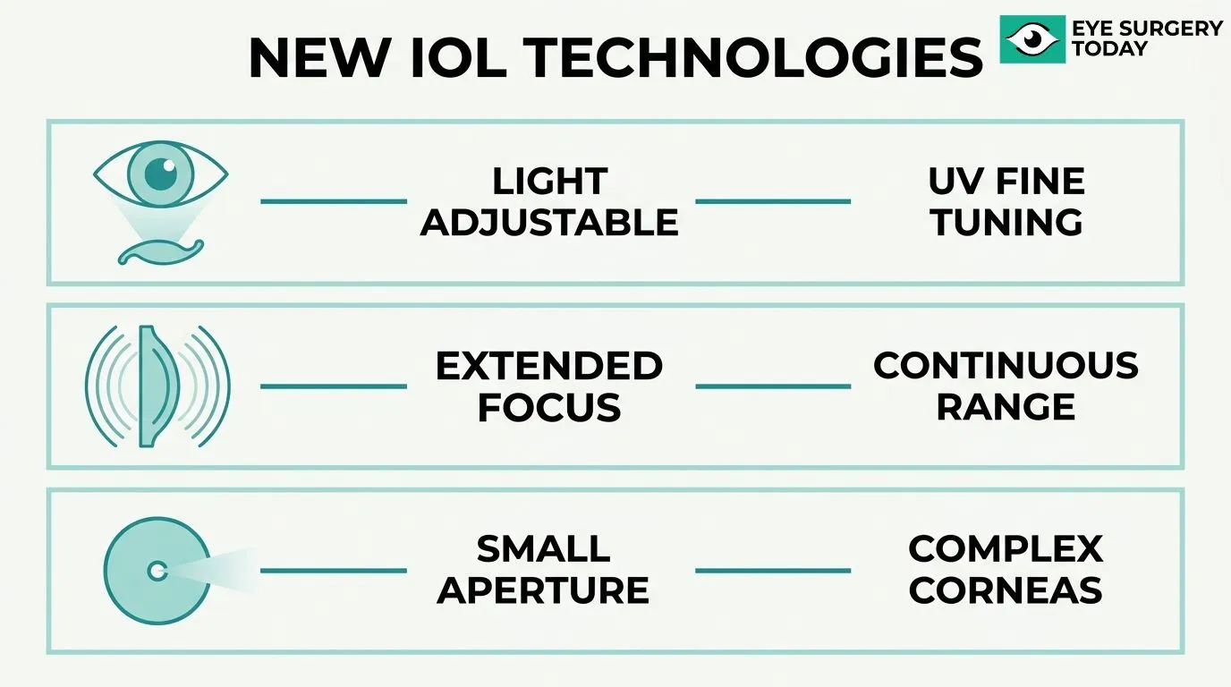 Comparison of new intraocular lens technologies including light adjustable lenses with UV fine-tuning, extended-focus lenses, and small-aperture lenses for complex corneas.