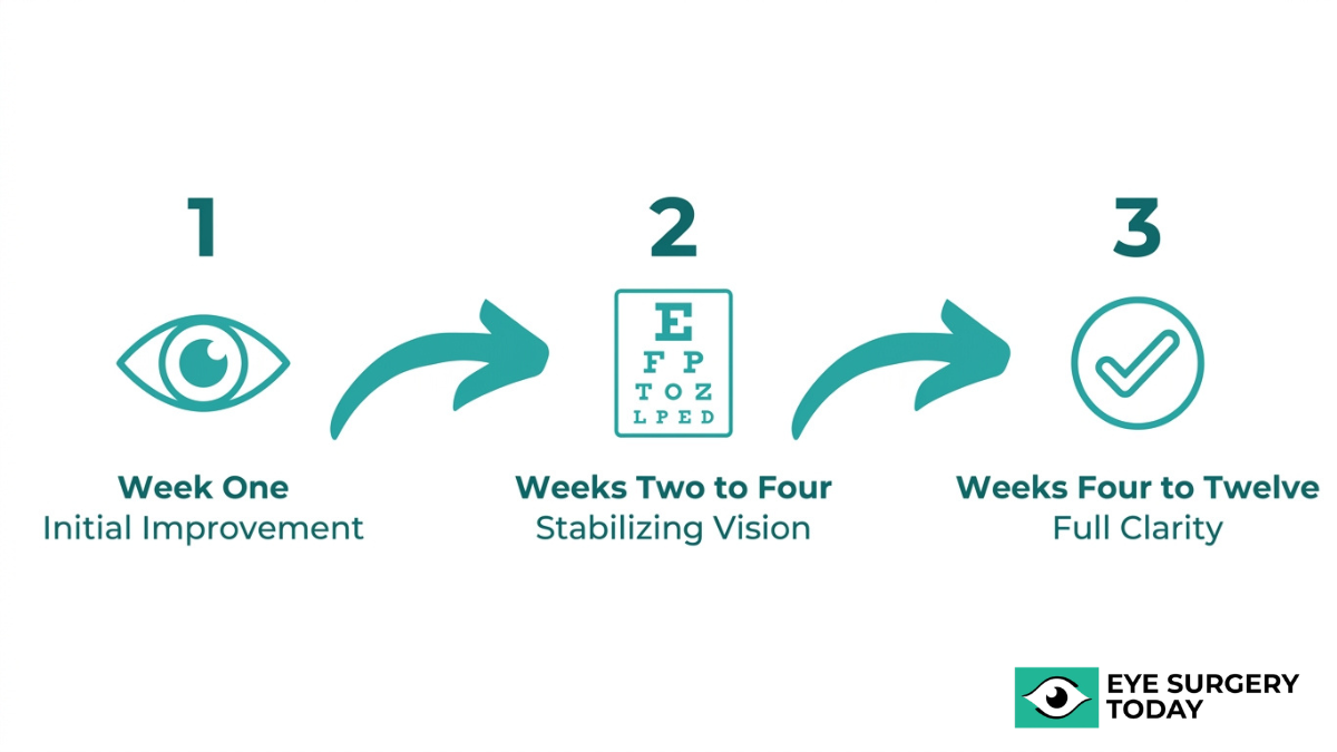 Cataract surgery recovery timeline showing vision improvement from week one to full clarity by three months
