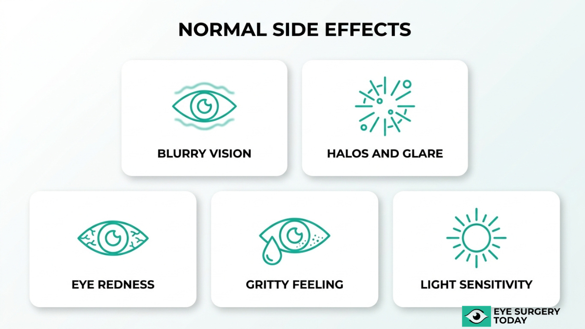 Normal side effects after cataract surgery including blurry vision, halos and glare, eye redness, gritty sensation, and light sensitivity