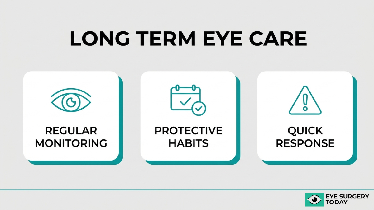 Long-term eye care after cataract surgery focusing on monitoring, protective habits, and quick response to symptoms