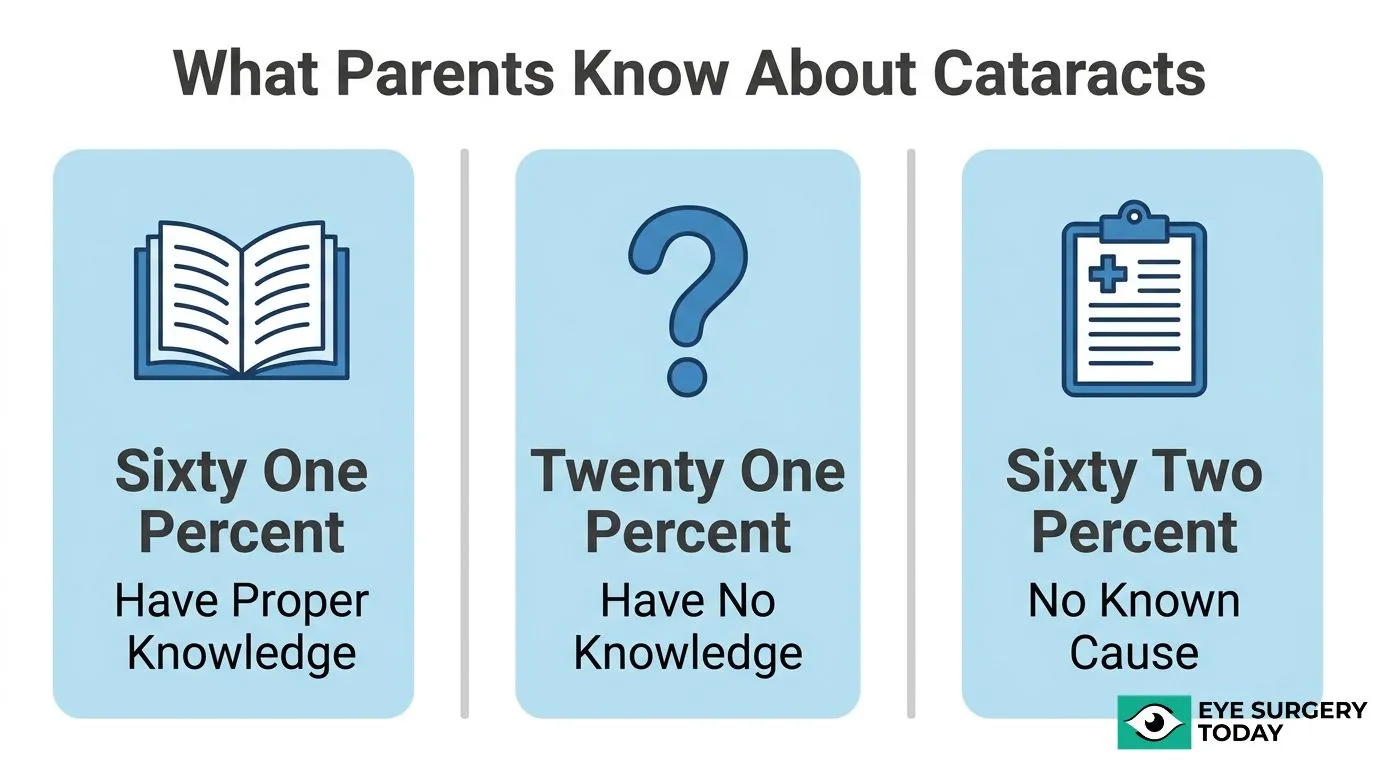 Statistics on parental knowledge of childhood cataracts, including awareness levels and the percentage of cases with no known cause.
