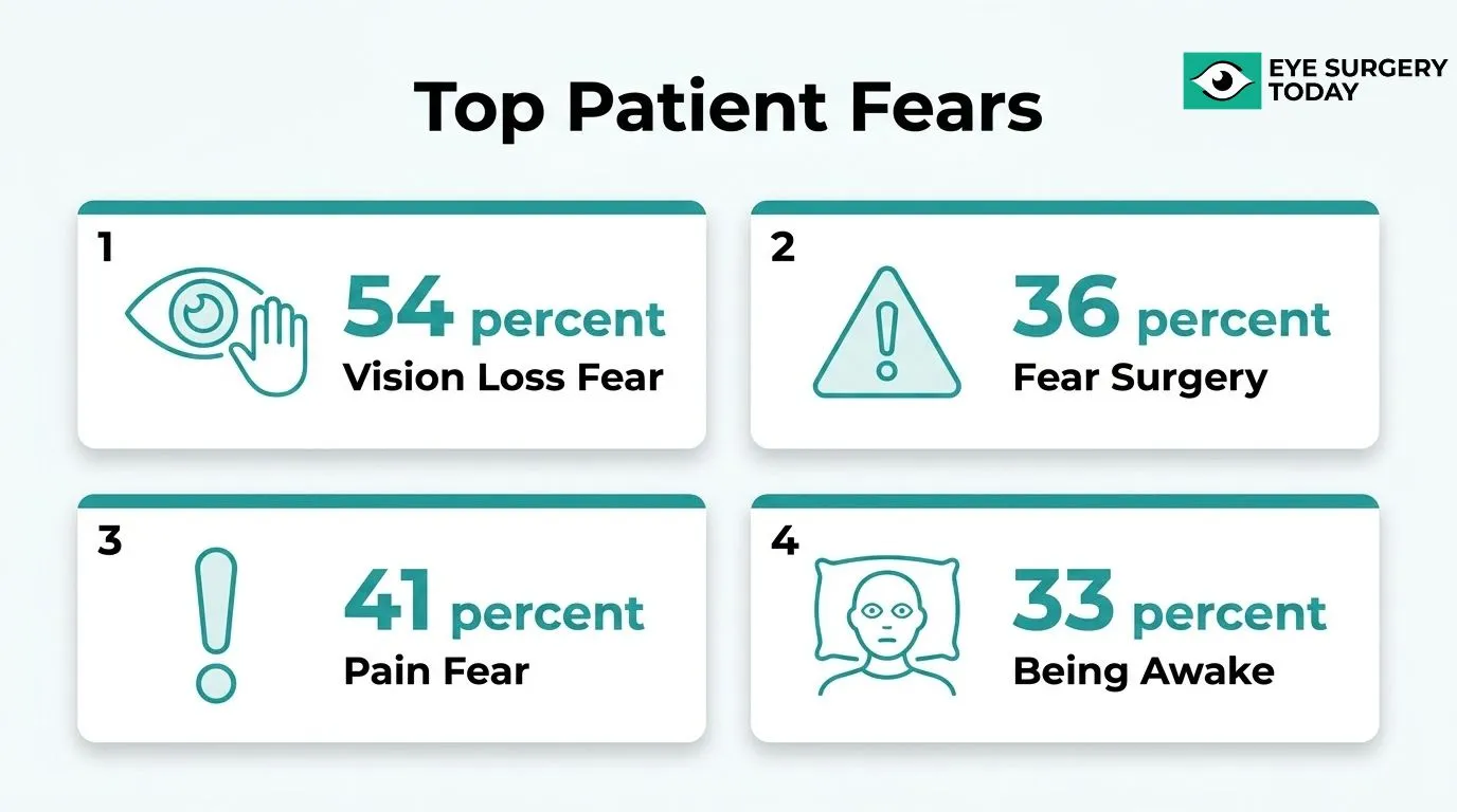 Statistics showing common patient fears before cataract surgery including vision loss, surgery, pain, and being awake